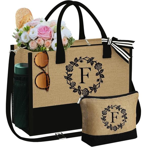 Jute Tote Bag Set - "F" Monogram, Chic, Eco-Friendly & Stylish Gift - Picture 6 of 6